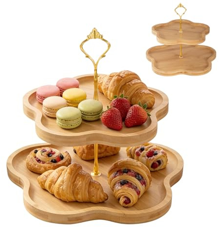 DUJUST 2-Tier Wooden Cupcake Stand, Flower-Shaped Design, Cake stand | Food Grade Bamboo Cake stand for Cupcake, Desserts, Tea Party, Rustic Wooden Display Stand, Easy to Install&Clean,Tiered Tray