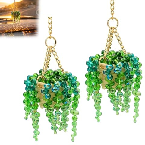 Beaded Plant Suncatcher, Green Glass Beaded Plant Kits, DIY BeadedPlant Kit with Gold Chain Hanger, Forever Plant Kit with Leaf Beads & Flexible Wires for DIY Craft Gift (Finished Product*2)