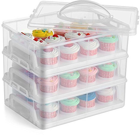Gr8 Home 3 Tier Stackable Cupcake Carrier Box Muffin Cake Holder Plastic Clear Storage Container Basket Courier With Handle holds 36 Cakes