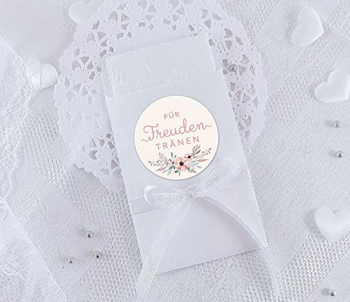 Freuden Tränen Taschentücher Set zur Hochzeit Groß 48 Sticker + 48 weiße Flachbeutel - 63 x 93 mm für Freudentränen Taschentuch Verpackungen Aufkleber CREME BLÜTEN PASTELL ROSA RETRO VINTAGE