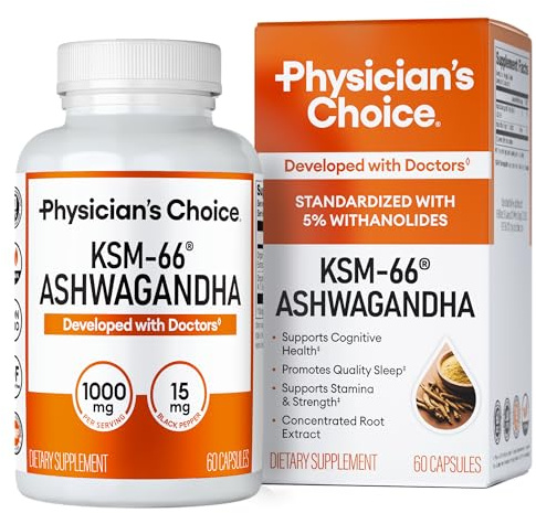 Physician's CHOICE KSM-66 Ashwagandha Root Powder Extract 1,000mg - Organic - with Black Pepper for Maximum Absorption - 5% Withanolides - Stress, Mood & Athletic Support - 60 Vegan Capsules