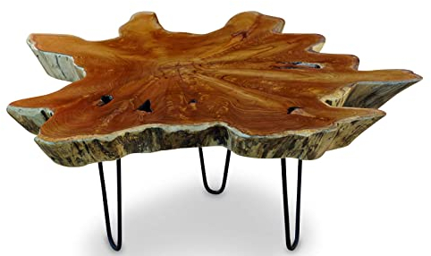 Teak Couchtisch LUHU - ca. 65-85cm Tischplatte aus massiver Wurzelholz Baumscheibe im rustikalen Landhausstil, geeignet für Wohnzimmer, Wintergarten oder als Kaffeetisch