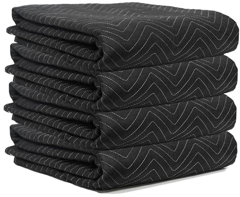 JourneyO Padded Packing & Moving Blankets 4 Pack Deluxe Quality 80 x 72 inch Furniture Shipping Pads for Moving and Storage-Black(4 Deluxe Blankets 45 lbs/Dozen)