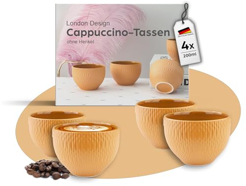 MELOX - 4er Set Cappuccino-Tassen Porzellan Gelb - 4 x 200ml Tassen für Kaffee, Cappuccino & Macchiato - Kaffee-Becher dickwandig ohne Henkel - Kaffeetassen Coffee Cups modernen Design
