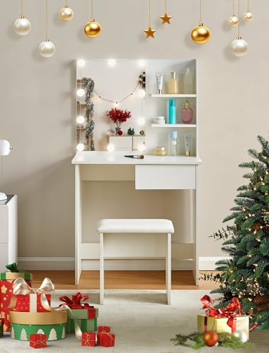TUKAILAI Schminktisch mit LED Beleuchtung, Schminktisch Klein, Kosmetiktisch mit Spiegel und Hocker weiß, Frisiertisch mit 1 Schubladen und 3 Offenen Fächern