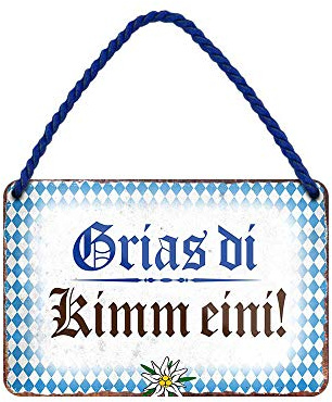 Grias Di Hängeschild - lustiges Retro Deko Metallschild mit Kordel und Saugnapf - witzige Dekoration Haustür Hauseingang Flur Biergarten Wirtschaft - bayrischer Gruß mit Bayern Raute - 18x12cm