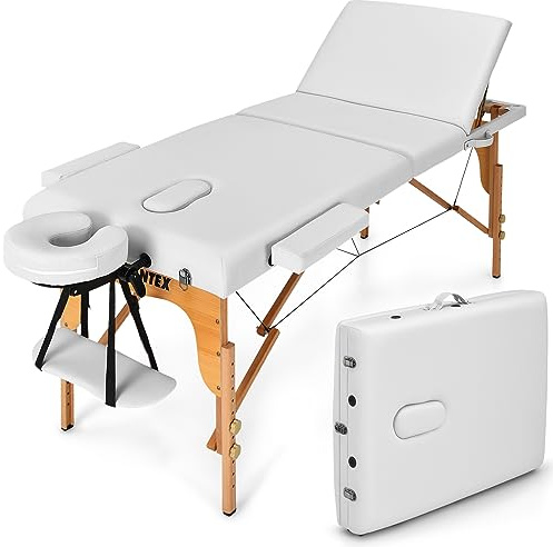 Giantex 84inch Folding Massage Table Lash Bed, Portable 3 Sections Spa Salon Tattoo Bed with Face Cradle Armrests Wooden Legs, Professional Massage Bed Height Adjustable with Carry Case (White)