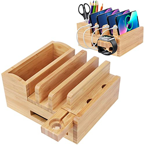Bambus 5-Slot Ladestation Docking Holder, Ladestation für mehrere Geräte Dock, Ladestation Zubehör Multi-Gerätekabel Organizer Ständer Kompatibel Handy/Tablet/Watch