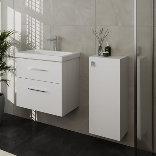 Planetmöbel Badmöbel Set Waschtisch mit Unterschrank | 63 x 60 x 36,5 cm, Midischrank, moderner Waschbeckenunterschrank für Badezimmer, Gäste Bad & WC, Weiß