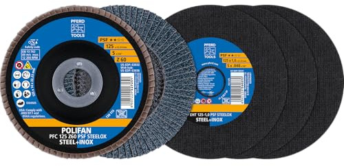 PFERD TOOLS Trennscheiben-/Fächerscheiben-Set, 4-teilig | 3x gerade Trennscheiben 125 x 1,0 + 1x POLIFAN-Fächerscheibe 125 Z60, Universallinie PSF STEELOX | 69198298 – für Stahl und Edelstahl (INOX)