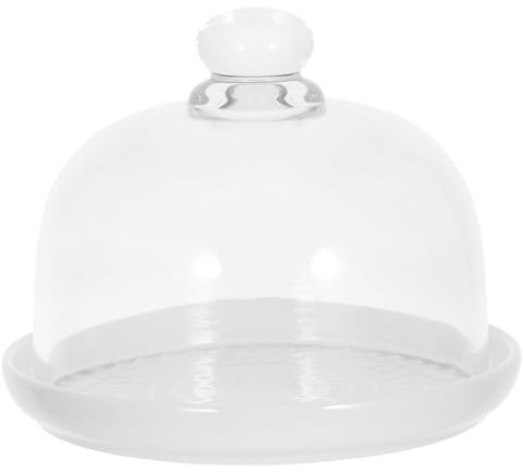 DOITOOL Ceramic Cake Stand with Glass Dome Cover White Ceramic Cake Plate Server Round Clear Glass Dome Dessert Plate for Home Kitchen Party Use, 5.9 x5.9 x 4.7 inches