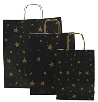 Papiertragetaschen Weihnachten mit Kordel schwarz Sterne gold (24 + 10 x 31 cm, 50 Stück)