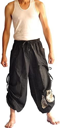 Siam Trendy Thai Pants, Hakama Pants, Harem Pants Men, Thai Fisherman Pants, Japanese Pants, Harem Pants (Aladdin OWL Black)
