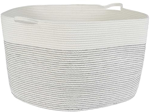 Faltbarer Wäschekorb Wäschesack rund 120L D61xH40cm Wäschetonne Korb extra groß geflochten aus Baumwolle Wäschesammler Aufbewahrungskorb faltbar für Badezimmer oder Kinderzimmer Grau - Weiss