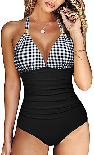 Vancavoo Badeanzug für Damen Bauchweg Badeanzüge Große Größe V Ausschnitt Push Up Bademode Raffung Retro Einteilige Strandmode,Schwarz + Karo,M