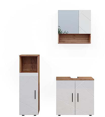 Vicco Badmöbel-Set Irma, Weiß Hochglanz/Goldkraft Eiche, 80 cm | besteht aus Waschbeckenunterschrank, Spiegelschrank und Midischrank