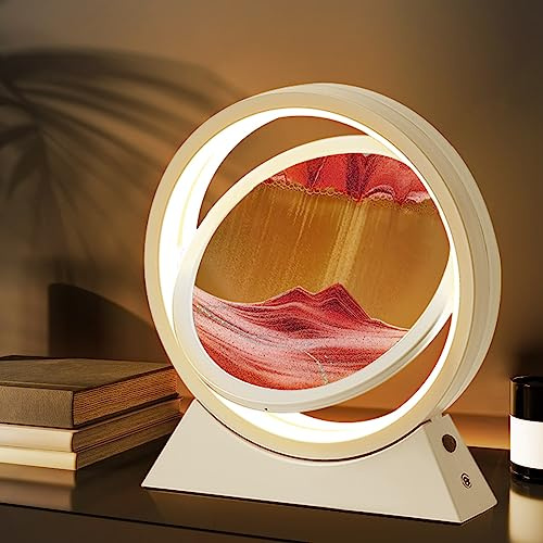 Ulikey Cadre Sable Mouvant 3D avec Veilleuse LED - Sablier Décoratif en Verre Rond, Image Dynamique de Sable Qui Coule pour Adultes et Décoration (Blanc Rouge)
