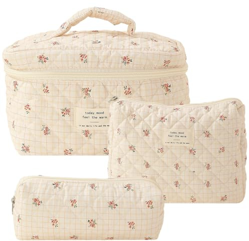 GSenhui 3pcs Kosmetiktasche Damen Gesteppte Kulturtasche Set Make up Bag Aesthetic Cosmetic Bag Blumen Tragbare Schminktasche mit Blumenmuster Kulturbeutel für Mädchen Frauen