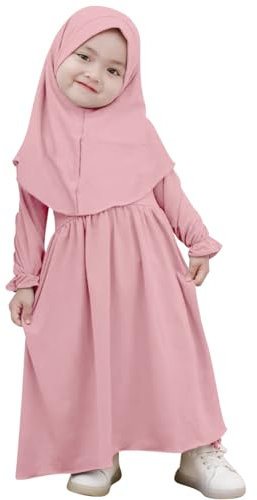 Muslimisches Kleid f?r Baby M?dchen Abaya Maxikleid Mit Hijab Gebetskleidung f?r Kleinkinder Neugeborene Islamisches Gebetskleid Ramadan Kaftan Dubai Outfit Einfarbig Zweiteilig Rosa 6-12 Monate