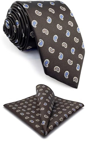 S&W SHLAX&WING Herren Krawatte braun mit blau gelbem Paisley Krawatten Set mit Einstecktuch klassische Größe 147cm×8cm