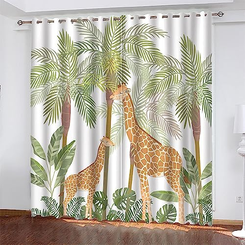 Schallschutz Vorhang 3D Giraffenmutter Und Baby Und Kokospalme Thermogardine Verdunkelungs Gardinen Für Schlafzimmer Wohnzimmer Vorhang Blickdicht Vorhang Dekoration Kinderzimmer Esszimmer 1-8M0L-E6L