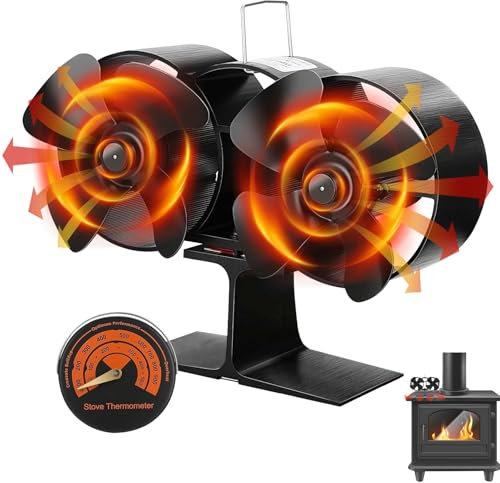 Log Burner Fan, 8 Blades Wood Burning Stove Fan Heat Powered with Magnetic Thermometer, Silent Motors, Push Horizontal Air Flow, With Backplate to Prevent Wire Burnout