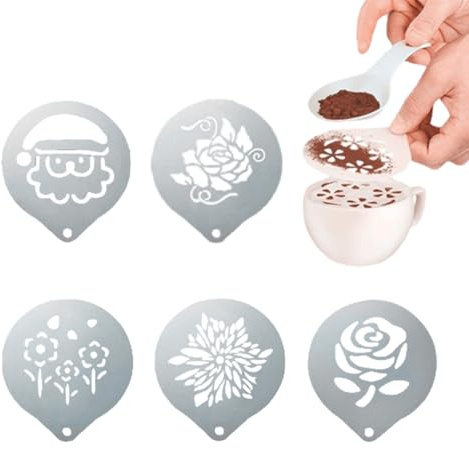 WeddHuis Kaffeeschablonen aus Edelstahl, 5 Pcs Kaffee-Dekorationsschablone Cappuccino schablonen Kaffee schablonen Kaffee Latte Art Schablonen tortenschablone für Kaffee Kuchen Dekorieren