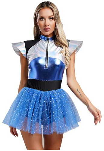 iiniim Dam utomjordingskostym, glänsande metallisk klänning med tutu, kjol, rymdflicka, klänning, rymd, astronauter, kostym, halloween, karneval, maskeraddräkter, blå, XL