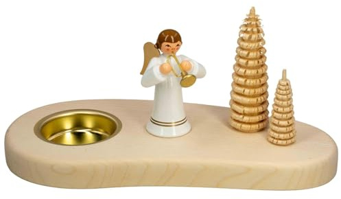Seiffener Volkskunst | Teelichthalter | Tischdeko für Teelicht aus Naturholz 8.5x18x8 cm | Handgefertigte Erzgebirgische Holzkunst | Weihnachtsdeko mit Figuren | mit Engel weiß mit Instrumenten