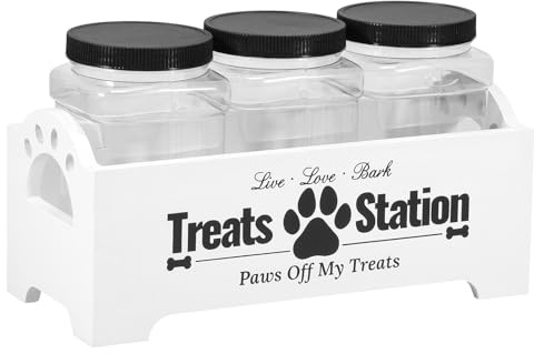Wood Dog Treat Container with 3 Plastic Dog Treat Jars, Cute Pet Food Storage Container, Reusable Farmhouse Dog Cat Animal Storage Bin, Decorative Dog Treat Holder for Pet Owners and Lovers(white)