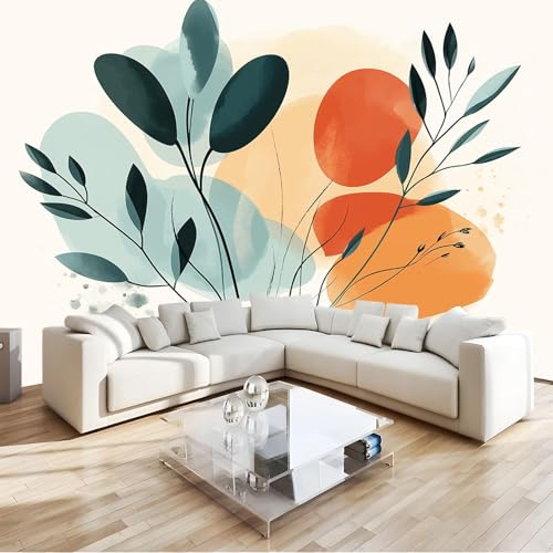Papier Peint Intissé Illustration Botanique Minimaliste Abstraite Papier Peint Panoramique Couleur Orange Tableaux Photo Muraux pour Salon Chambre Chambre d'Enfant 350 x 256 cm