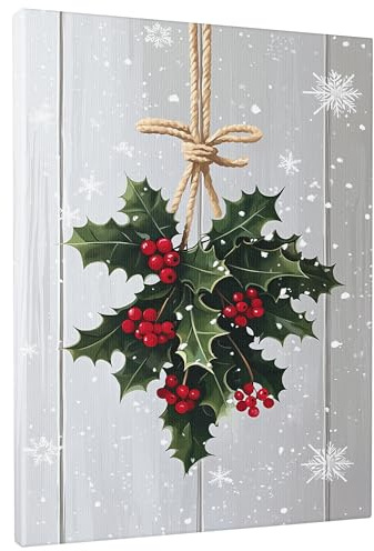 Weihnachts-Stechpalmen-Leinwandkunst, grüne Blätter und rote Beeren, Winterurlaub, ästhetische Heimdekoration für Wohnzimmer, Schlafzimmer, ungerahmt, 40,6 x 50,8 cm
