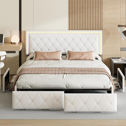 Cama de Matrimonio 140 X 200 cm, Cama Doble con LED, Cama de Almacenamiento con 4 Cajones, Tablero de Cabecera con Altura Ajustable, PU, sin Colchón
