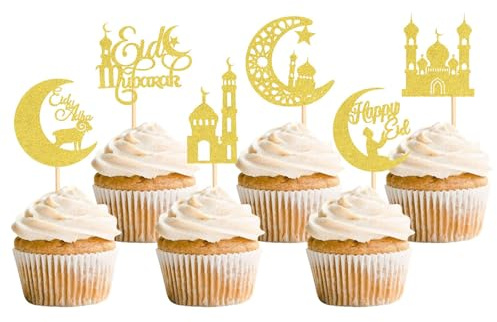 Eid Mubarak Tortendeko, 24 Stück Ramadan Cake topper Mond Stern Eid Mubarak Cupcake Topper Golden Kuchen Topper Ramadan Torte Deko für Party Kuchendekorations Zubehör (Gold-A)