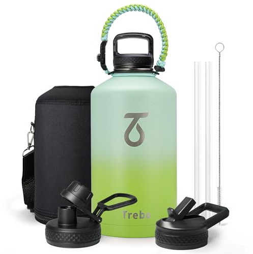 Trebo Borraccia Termica, Borraccia con Cannuccia Borraccia acciaio inox fredda per 48 ore Borraccia Termica Bottiglia in Metallo con Manico in Paracord, 3785 ml, Verde