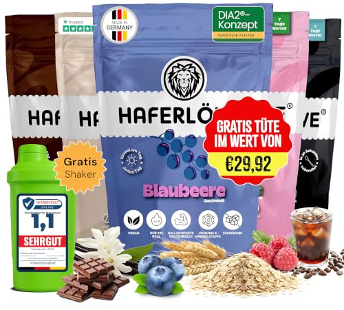 Haferlöwe Haferkur 35 Tage Starter Set, Hafertage in 5 Geschmacksrichtungen | Inkl. Gratis Shaker und Leitfaden | Protein Shake | Leckerer Diät Hafershake | DIA2® Ernährung