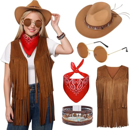 Matreeglam Western Cowgirl Costume for Women, 70s Hippie Costume Set with Fringe Vest Cowgirl Hat Sunglasses Red Bandana, Retro 70s Fancy Dress for Disco Party