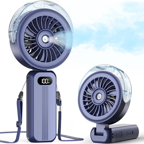 Otlonpe Ventilador de mano portátil, potente 4 velocidades de alta velocidad, recargable, pequeño ventilador de mano, niebla de agua, funciona con batería de 4000 mAh, plegable, cordón, refrigeración