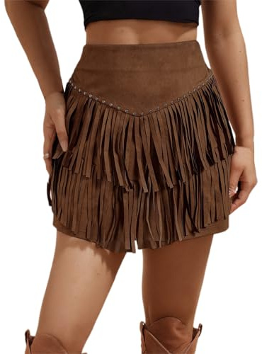 Falda con flecos para mujer, minifalda casual de línea A, falda de verano de color sólido, cómoda, elástica, cintura elástica, sueño diario, marrón, S