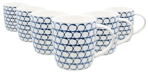 Nicola Spring 350ml Simply Home Stoneware Mugs - Blue & White Circle - 6X Large Reusable Cute Ceramic Coloured Coffee Latte Hot Drinks Tea Cups Set with Handle | Gifts for Men & Women