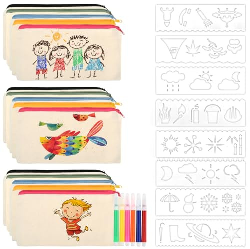 TMBMLPP 29 Stück DIY Stoff Federmäppchen,21,5 x 11,5cm Leinwand Federmäppchen,Stoffbeutel zum Bemalen 6 Buntstift und 8 Pcs Malen Schimmel für Arbeit Schule Reisen, Segeltuch Kosmetiktasche