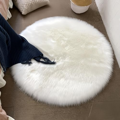Kiuiom Faux Lammfell Schaffell Teppich,Runder Kunstfell Teppich,Kunstfell Pelz Stil Sitzfell,Longhair Flauschiger Wollteppich,Wollteppich Wölkchen,Heimte Deko Kuschelig,45x45cm,Weiße