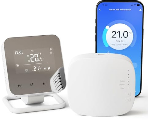Termostato Inalámbrico WiFi con RF Receptor para Caldera 3A,Vaconoff Termostato programable Diariamente,Control Remoto por Tuya/Smart Life App y por Voz Alexa/Google