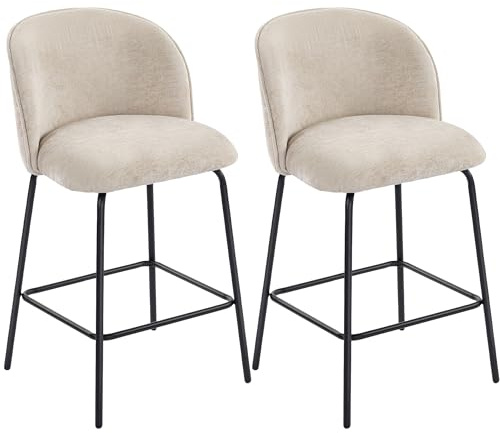HOMCOM Barhocker 2er Set Barstuhl mit Fußstütze Sitzhöhe 68 cm, Beige | Tresenhocker, Küchenstühle mit Stahlgestell, Lehne, Chenille-Optik, Loungesessel, Küche Wohnzimmer Esszimmer