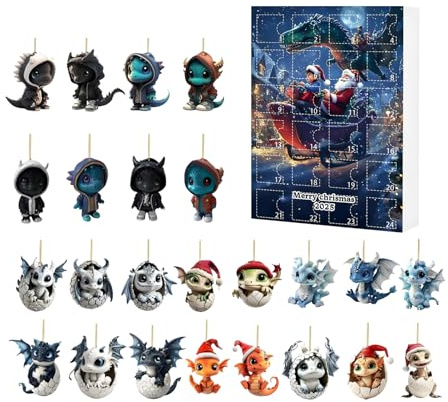 Weihnachtsdrachen Countdown - 24 Tage Urlaubskalender, Acrylfiguren-Set, lustiges Design zum Sammeln, Wand- oder Baumanzeige, Urlaubsdekoration hoch d