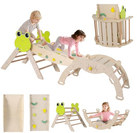 GOPLUS 7 en 1 Triangle Escalade Montesorri pour Enfants 1 Ans+, Parcours Montesorri Bebe Bois Pliable avec Arche, Rampe, Corde&Échelle, Pont, Aire de Jeux Intérieur (Grenouille|7 en 1,Naturel)