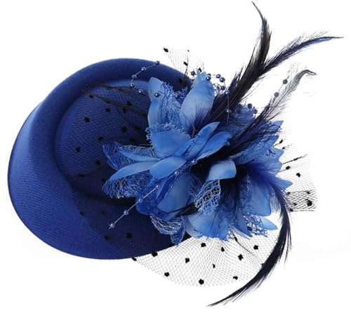 Hperu Fascinator Nero, Cappello da Tea Party a Fiori Vintage con Velo da Cocktail, Fascinator da Donna con Clip e Fascia per Capelli in Design Nero con Accenti Blu