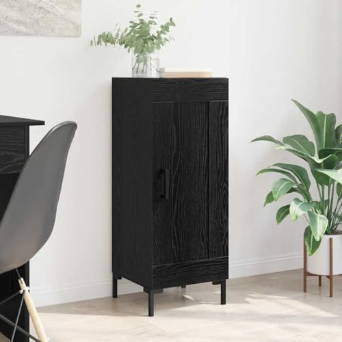 Qnhdfrt Credenza nera effetto rovere, 34 x 34,5 x 90 cm, in legno con gambe in ferro, moderna locomotiva con porta scorrevole, portata 60 kg, salvaspazio per soggiorno, sala da pranzo, corridoio