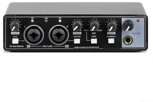 Zeroupshop Tarjeta de sonido de interfaz de audio USB de 48 V que ofrece dos entradas de alimentación, ganancia de canal izquierdo/derecho y controles de micrófono prioritarios para un trabajo de