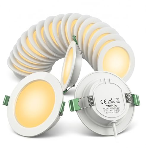 Focos LED Empotrables de Techo 4W 339LM (Pack de 20), Ojos de Buey LED Extraplanos 28mm, Luz Cálida 3000K, Sin Transformador 230V, Agujero Ø 68-80mm, No Regulable